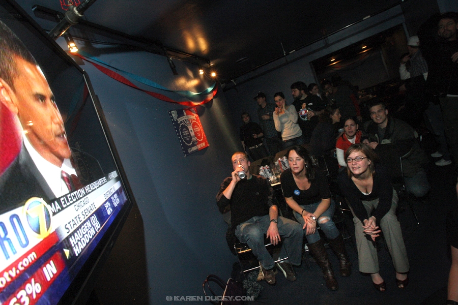 IMAGE: People watch Obama make his victory speech at Neumos on Capital Hill in Seattle, Wash on November 4, 2008.(Karen Ducey/Seattle Post-Intelligencer)